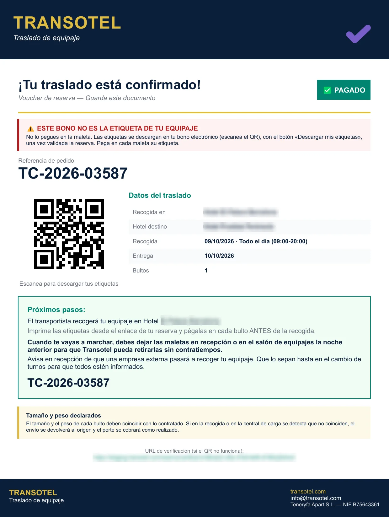 Transotel-Buchungsbeleg als PDF mit QR-Code und Bestellnummer