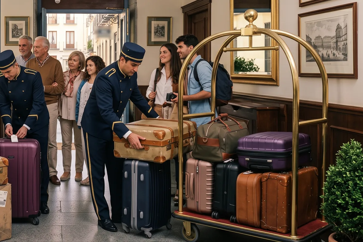 Hotel porters loading suitcases onto a luggage trolley while guests wait in the lobby