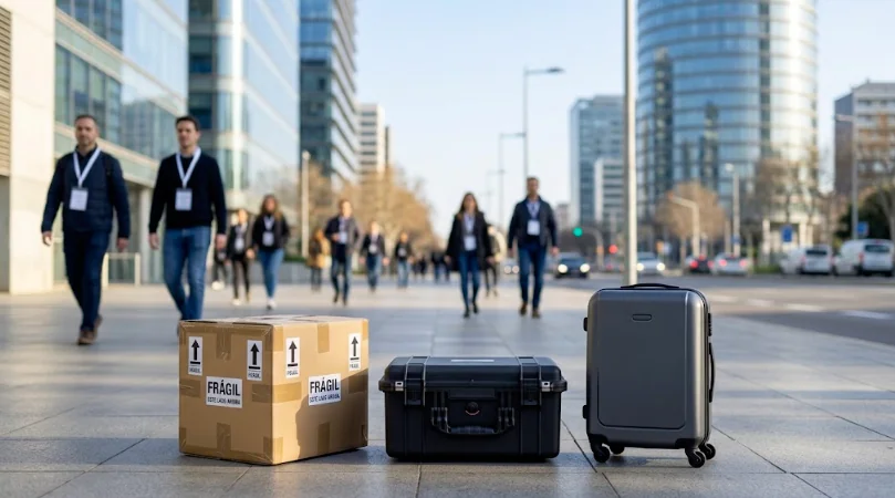 Box with fragile labels, hard equipment case and carry-on suitcase on a street in a business district, with conference attendees behind