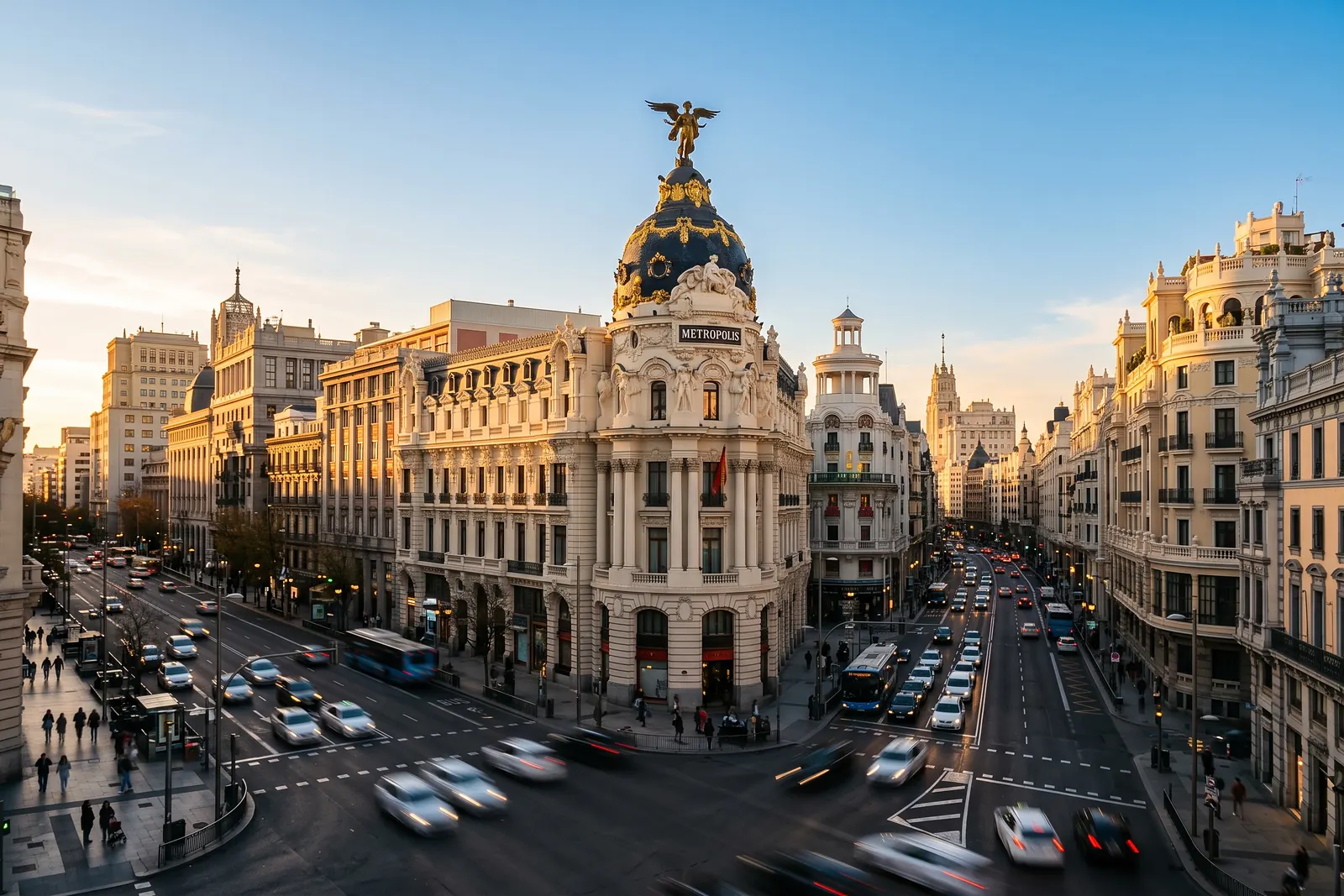 The Metrópolis building, with its black and gold dome and winged statue, where Calle de Alcalá meets Gran Vía in Madrid at sunset