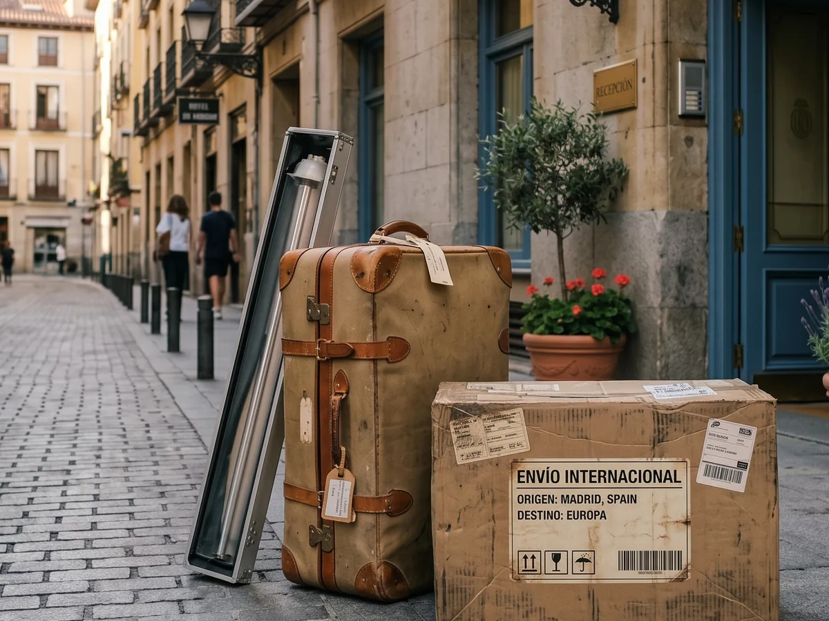 Roll-up banner case, suitcase and cardboard box on a cobbled street next to a hotel door