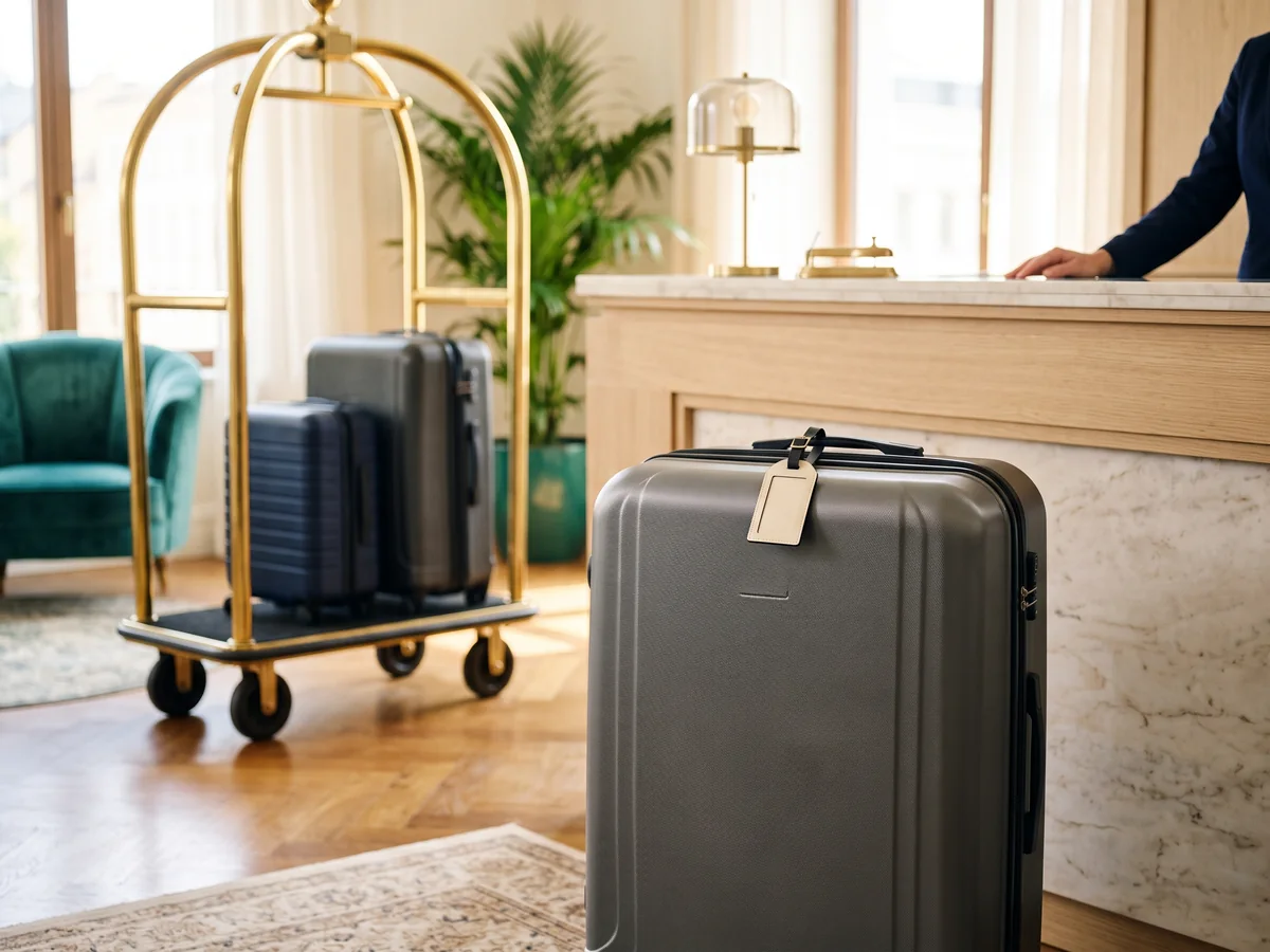 Grey suitcase with a blank tag next to a hotel reception desk, with a gold luggage trolley in the background