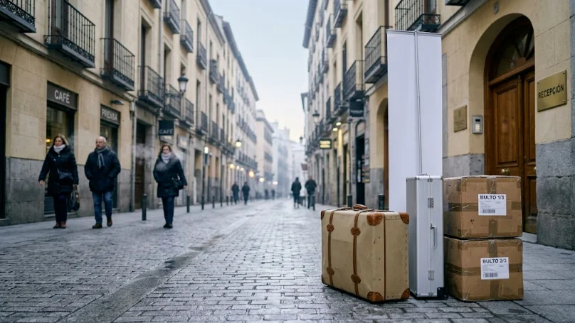 Suitcase, roll-up banner and two numbered boxes for FITUR by a hotel entrance on a winter street in Madrid
