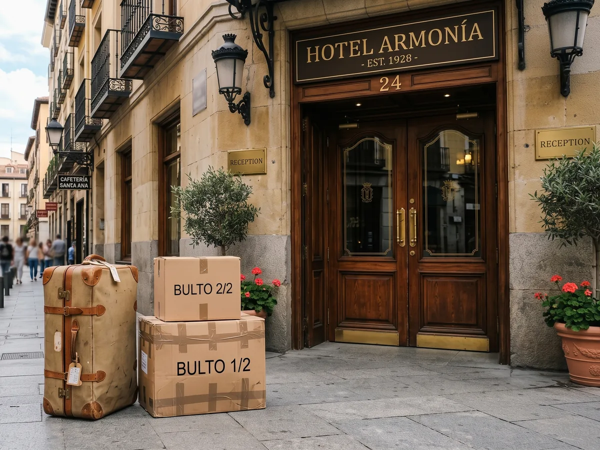Suitcase and two boxes of trade show material waiting at a hotel entrance
