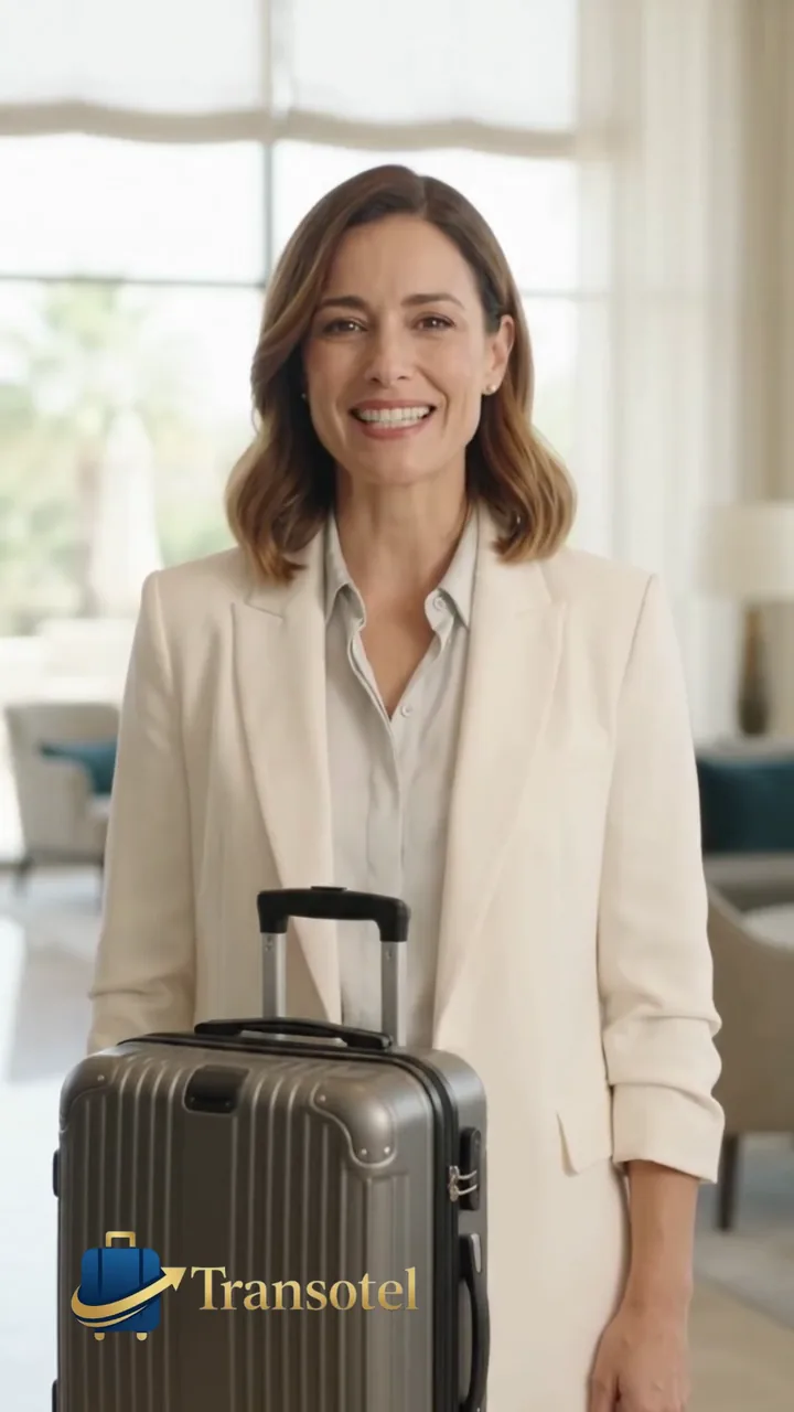 Présentatrice de Transotel souriante à côté d'une valise dans le hall d'un hôtel