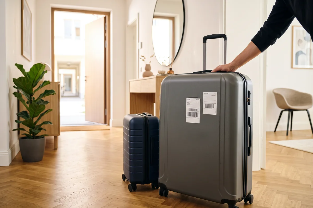 A person leaves a large grey suitcase with shipping labels next to a blue cabin suitcase in the hallway of a flat, with the front door open