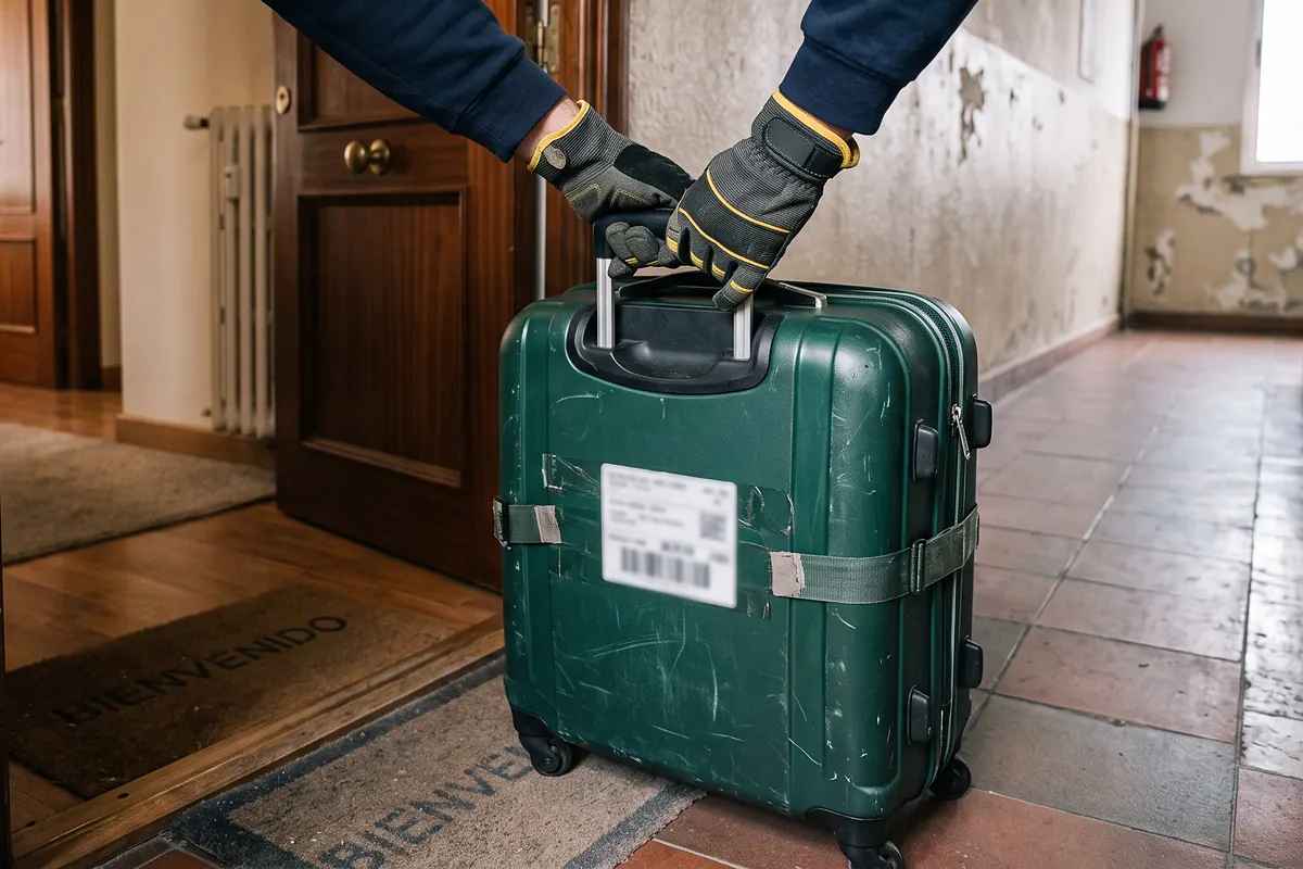 Mani con guanti da lavoro ritirano alla porta di casa una valigia chiusa con la sua etichetta di spedizione